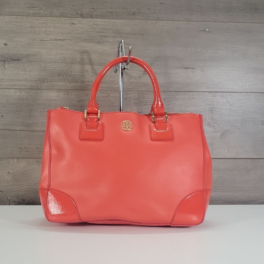 Tory Burch Red Coral Saffiano/ Patent Leather Satchel Handbag